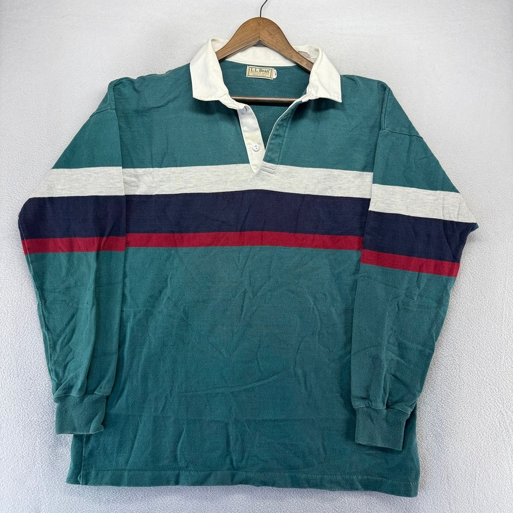Vintage LL Bean Rugby Shirt Mens XL Tall Green Blue Striped Long Sleeve USA Made